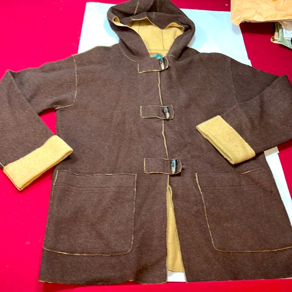 Ralph LAUREN BROWN Wool TRENCH COAT nylon TAN Hood COAT HORN BUTTONS big pockets